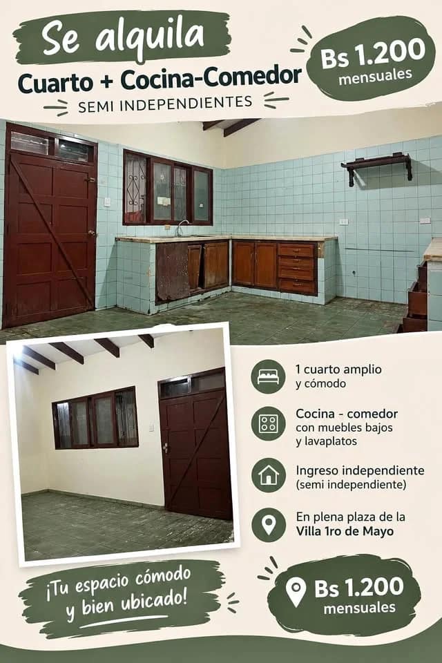 Habitación grande con baño, cocina-comedor y patio – Plaza Villa 1ro de Mayo